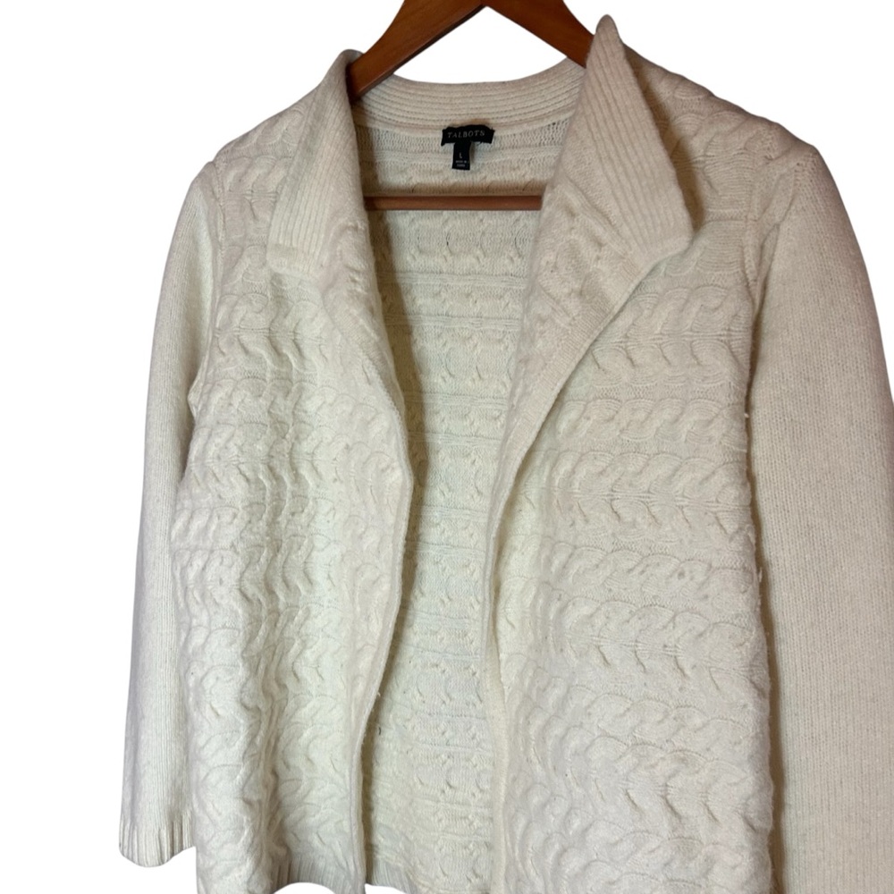 Talbots Cream Cable Knit Sweater Cardigan Wool Cashmere blend size large - Picture 2 of 10